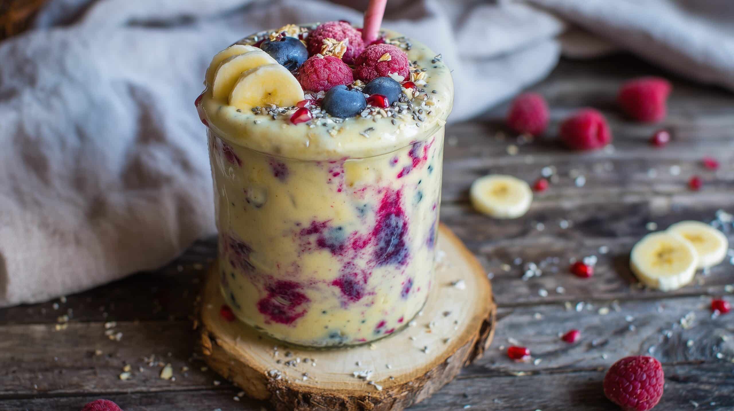 Blended Overnight Oats with Chocolate and Banana Toppings Recipe - Recipe Image